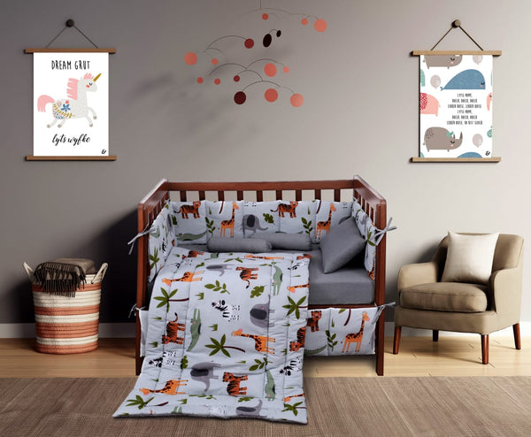 Printed Cotton Baby Cot Set-9 pcs-Gray Jungle