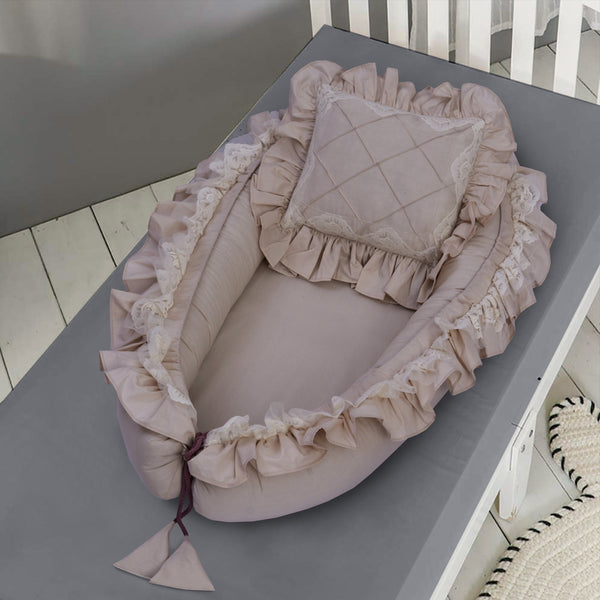 Luxury Double Frilly Baby Nest with Pillow-Beige