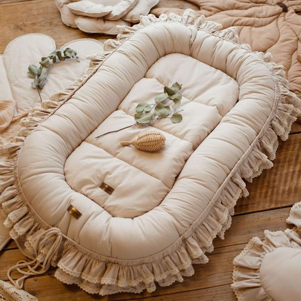 Luxury Cotton Double Frilly Baby Nest-Beige