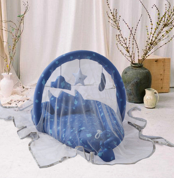 Printed Baby snuggle Bed with Crown Pillow and Mosquito Net-Blue